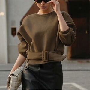NWT! Commense Brown Belted Crew Neck Sweatshirt -  Cropped Pullover Top Casual